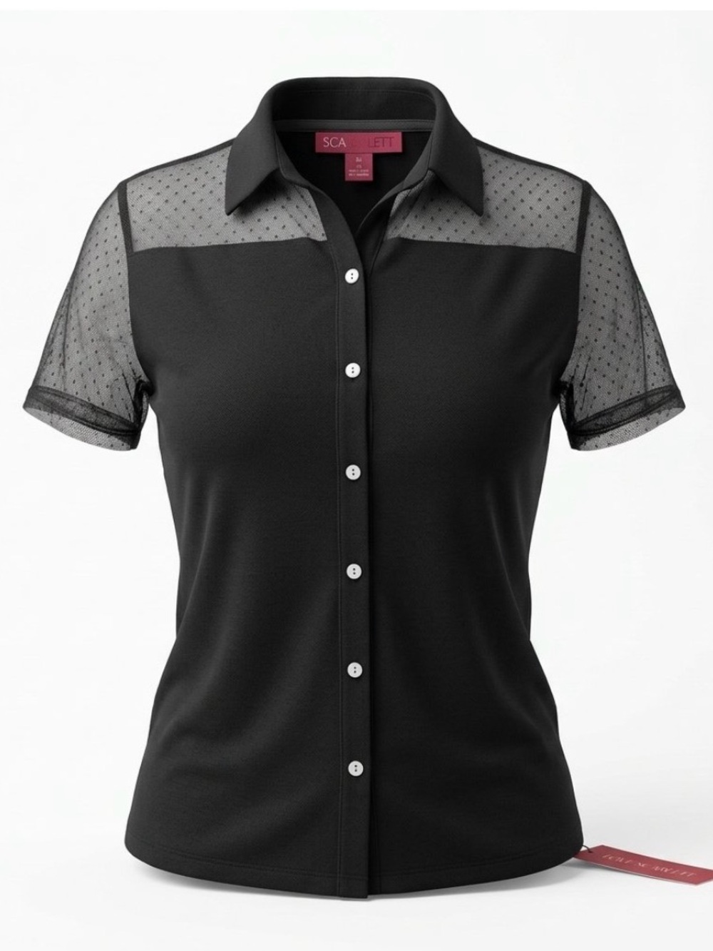 Scarlett Black Button-Up Shirt with Sheer Dotted Yoke and Sleeves